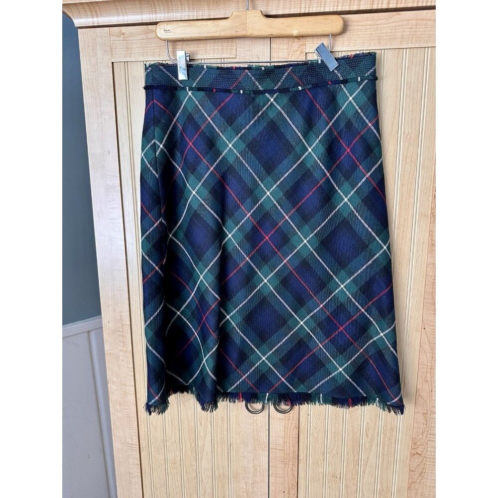 J‎ CREW Vintage Tartan Plaid Wool Skirt Navy Green Fringe Hem Womens Sz 12 XMAS
